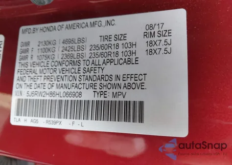 2017 Honda Cr-V Ex-L/Ex-L Navi z USA, uszkodzony, nr VIN 5J6RW2H86HL066908